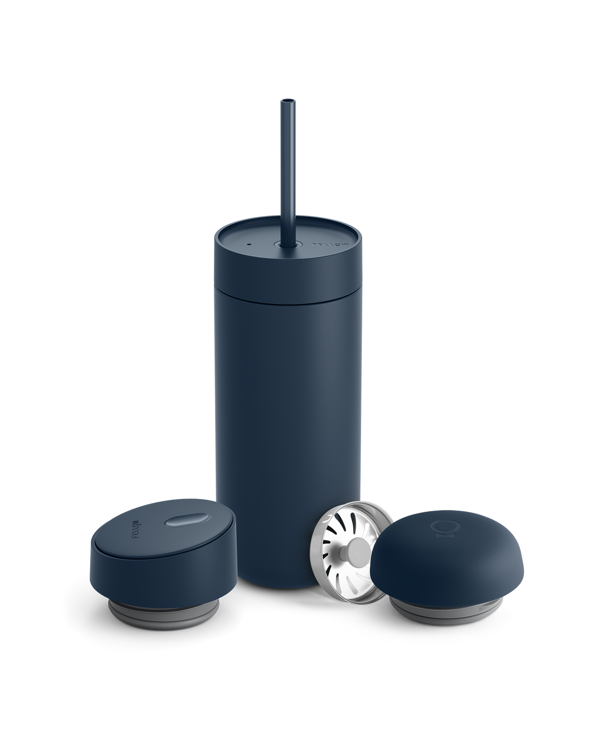 Dark blue Fellow Carter 3-in-1 Lid System mug with straw and accessories on white background.