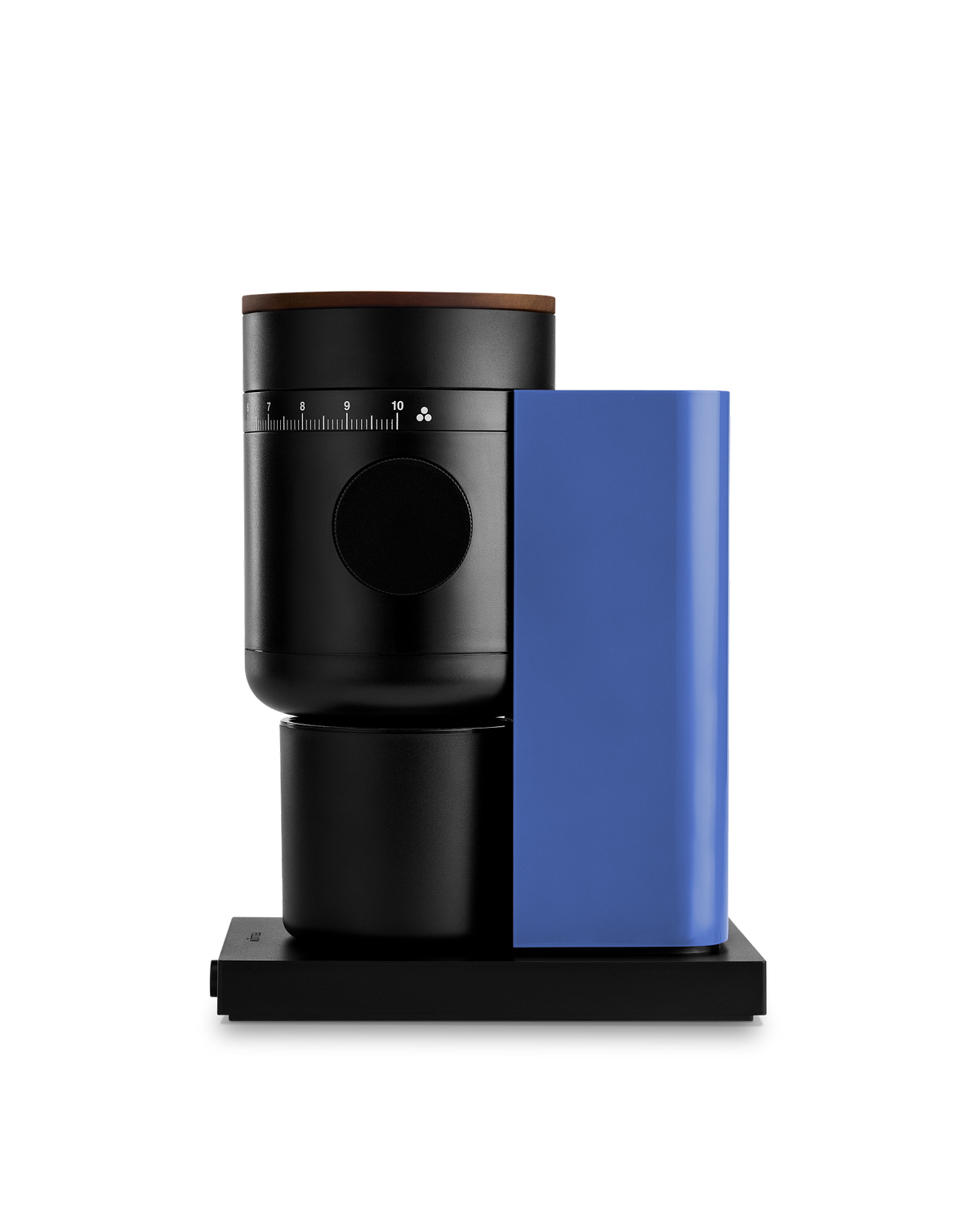 Fellow Opus 2 Conical Burr Grinder in Marine Blue + Walnut on a white background.