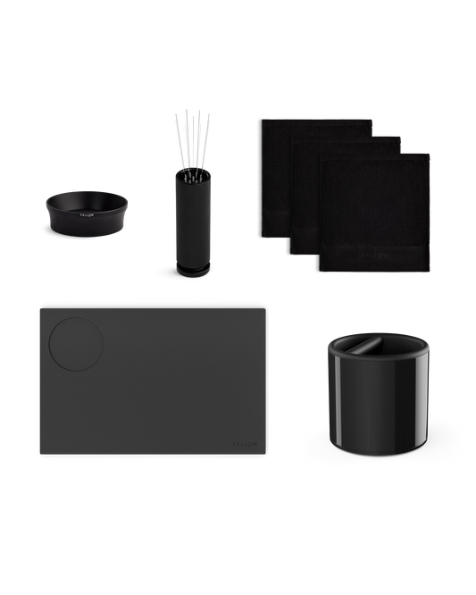 Fellow Enhanced Espresso Bundle: sleek black pen holder, tray, bowl, and cloths included.