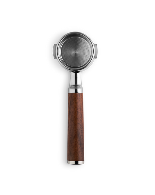 Fellow Espresso 58 mm Bottomless Portafilter with wooden handle, top view on white background.