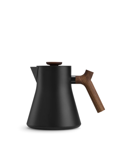 Corvo EKG Electric Kettle Body by Fellow, matte black + walnut, on a white background.