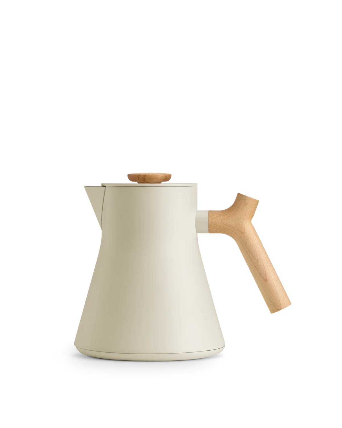 Fellow Corvo EKG Electric Kettle Body in Sesame + Maple, EKG base, wood handle, white background.