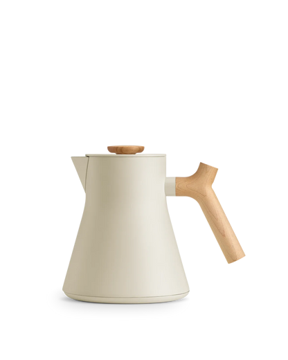 Fellow Corvo EKG Electric Kettle Body in Sesame + Maple, EKG base, wood handle, white background.