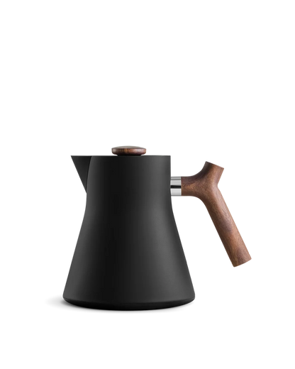 Fellow Corvo EKG Electric Kettle Body in matte black + walnut on a white background.